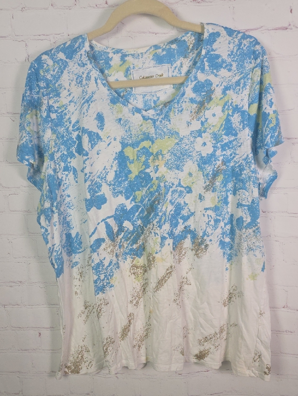 Coldwater Creek White Tee with Blue & Pale Yellow Abstract Print 2X